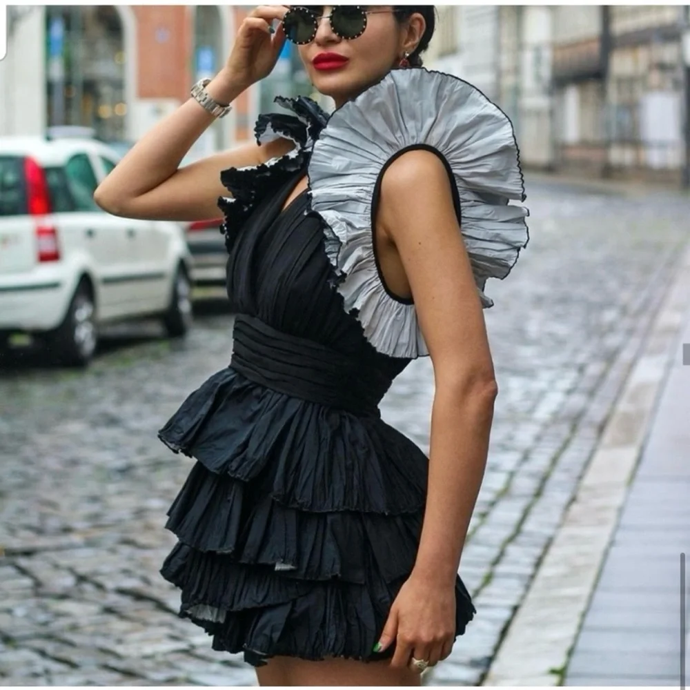 Zara Studio Black Taffeta Voluminous Ruffled Frilly Sleeve Blouse - Picture 12 of 13